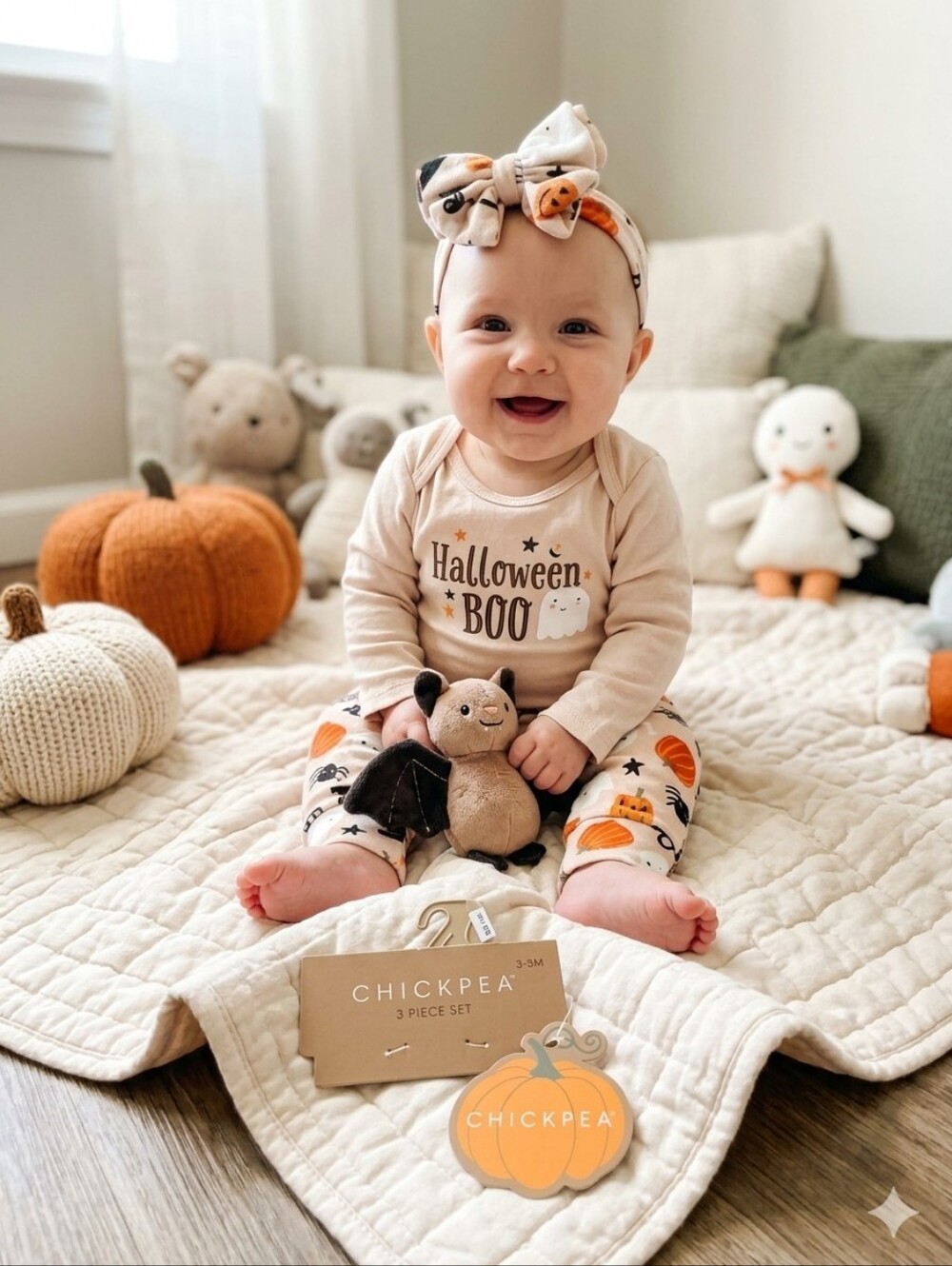 Chick pea Beige & Orange Halloween Baby Outfit Set with Pumpkin Print 3-6M New